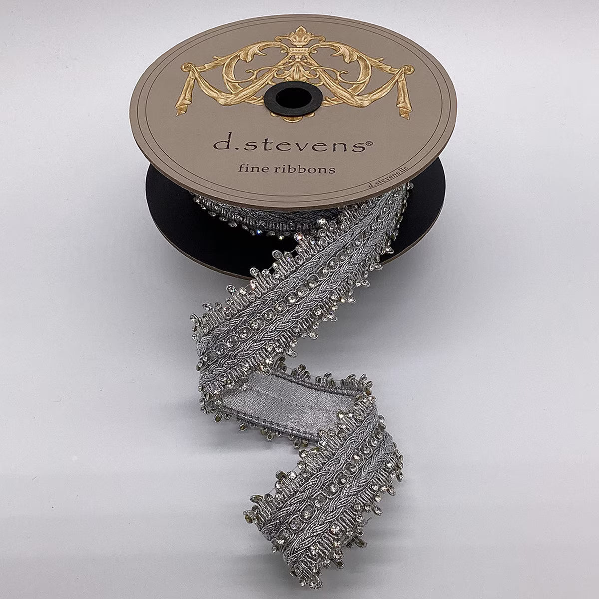 1.75“ X 5YDS METALLIC DUPION CRYSTAL SIDE TRIM, SILVER WIRED RIBBON - Burlap and Bling Decor