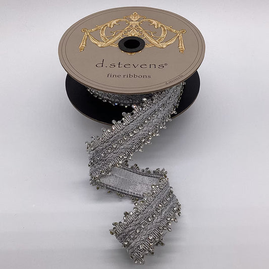 1.75“ X 5YDS METALLIC DUPION CRYSTAL SIDE TRIM, SILVER WIRED RIBBON - Burlap and Bling Decor