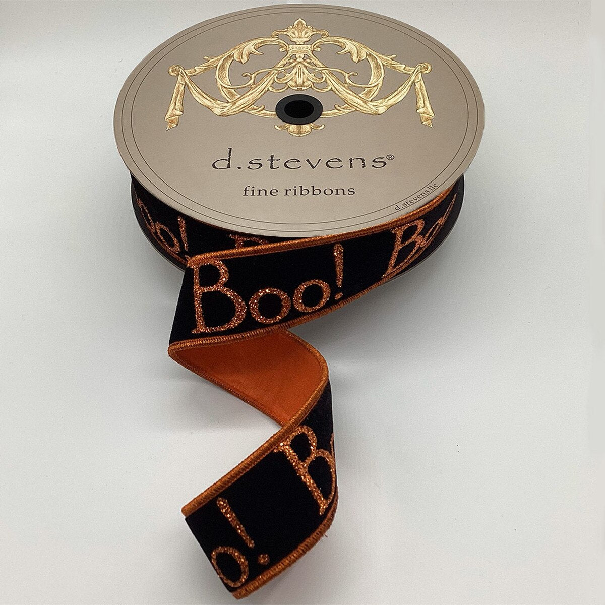 1.5” X 10YDS VELVET ORANGE GLITTER “ BOO” ORANGE BACK, BLACK WIRED RIBBON - Burlap and Bling Decor