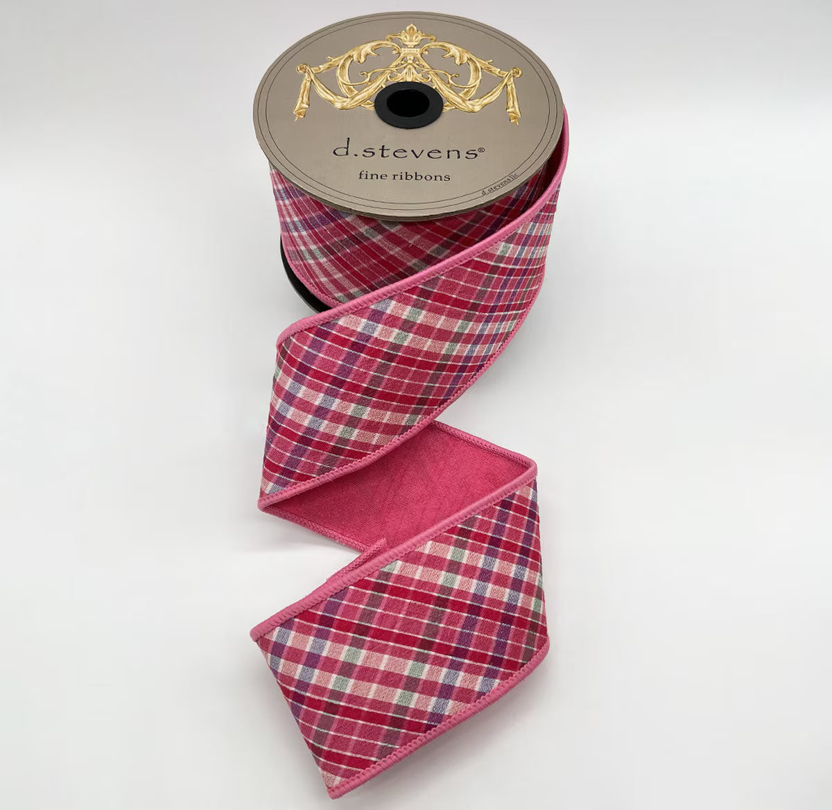 2.5” X 10YDS DUPION DIAGIONAL CAMELLIA PLAID, PINK HOT PINK BACK WIRED RIBBON - Burlap and Bling Decor