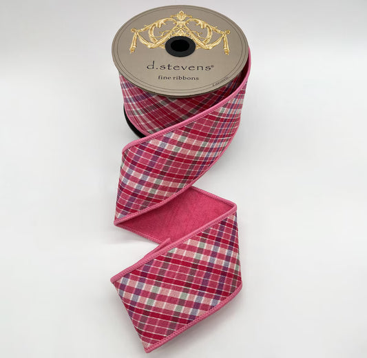 2.5” X 10YDS DUPION DIAGIONAL CAMELLIA PLAID, PINK HOT PINK BACK WIRED RIBBON - Burlap and Bling Decor