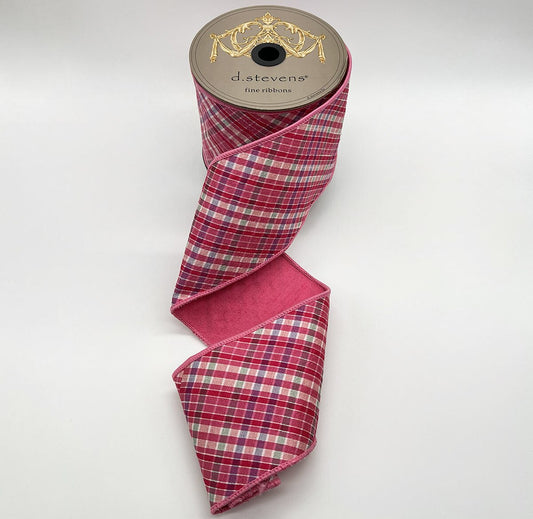 4“ X 10YDS DUPION DIAGIONAL CAMELLIA PLAID, PINK HOT PINK BACK WIRED RIBBON - Burlap and Bling Decor
