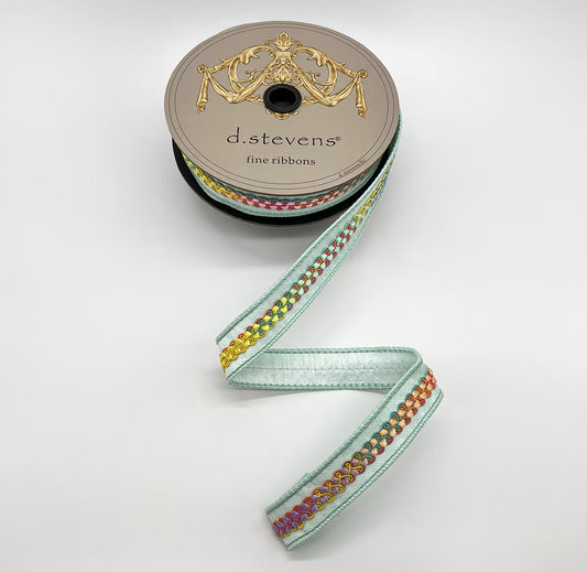 1” X 10YDS DUPION BRIGHT MIX COLOR CENTER BRAID, LIGHT BLUE WIRED RIBBON - Burlap and Bling Decor