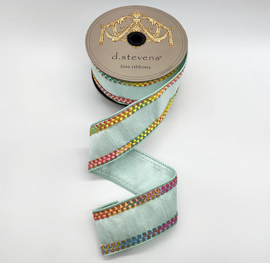 2.5“ X 10YDS DUPION BRIGHT MIX COLOR CENTER BRAID, LIGHT BLUE WIRED RIBBON - Burlap and Bling Decor