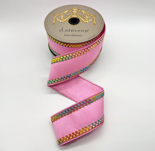 2.5“ X 10YDS DUPION BRIGHT MIX COLOR CENTER BRAID, LIGHT PINK WIRED RIBBON - Burlap and Bling Decor