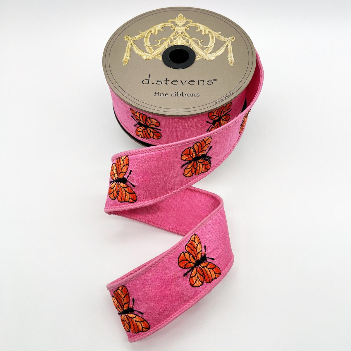 1.5” X 10YDS DUPION EMBROIDERY TWO-TONE ORANGE BUTTERFLIES, HOT PINK WIRED RIBBON - Burlap and Bling Decor