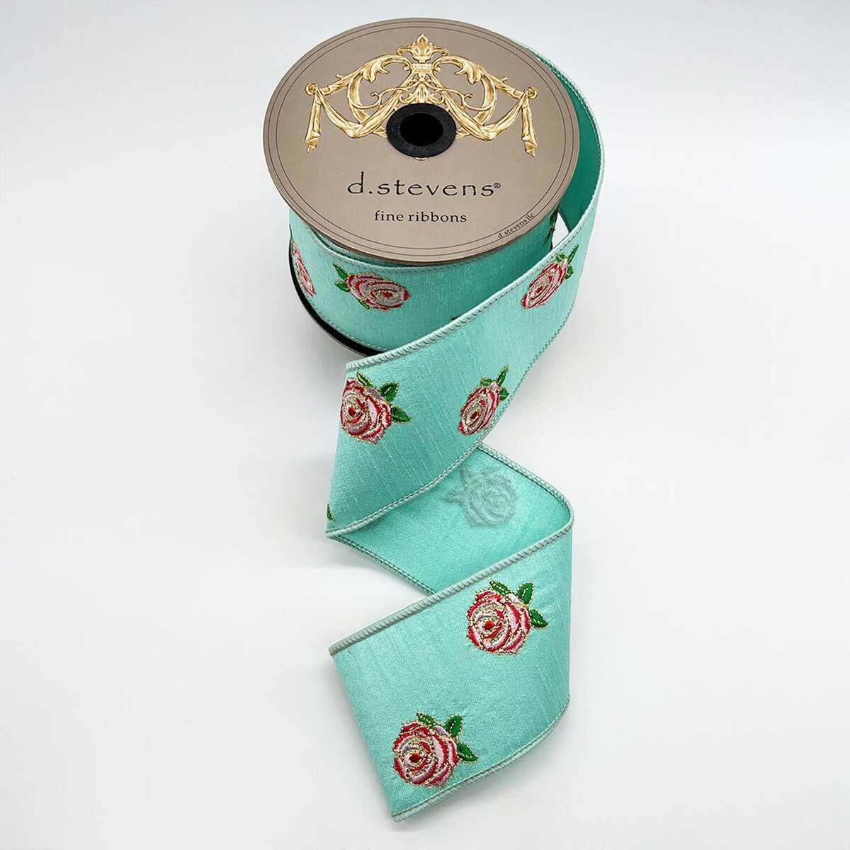 2.5“ X 10YDS DUPION EMBROIDERY TWO-TONE ROSES, LIGHT TURQUOISE WIRED RIBBON - Burlap and Bling Decor