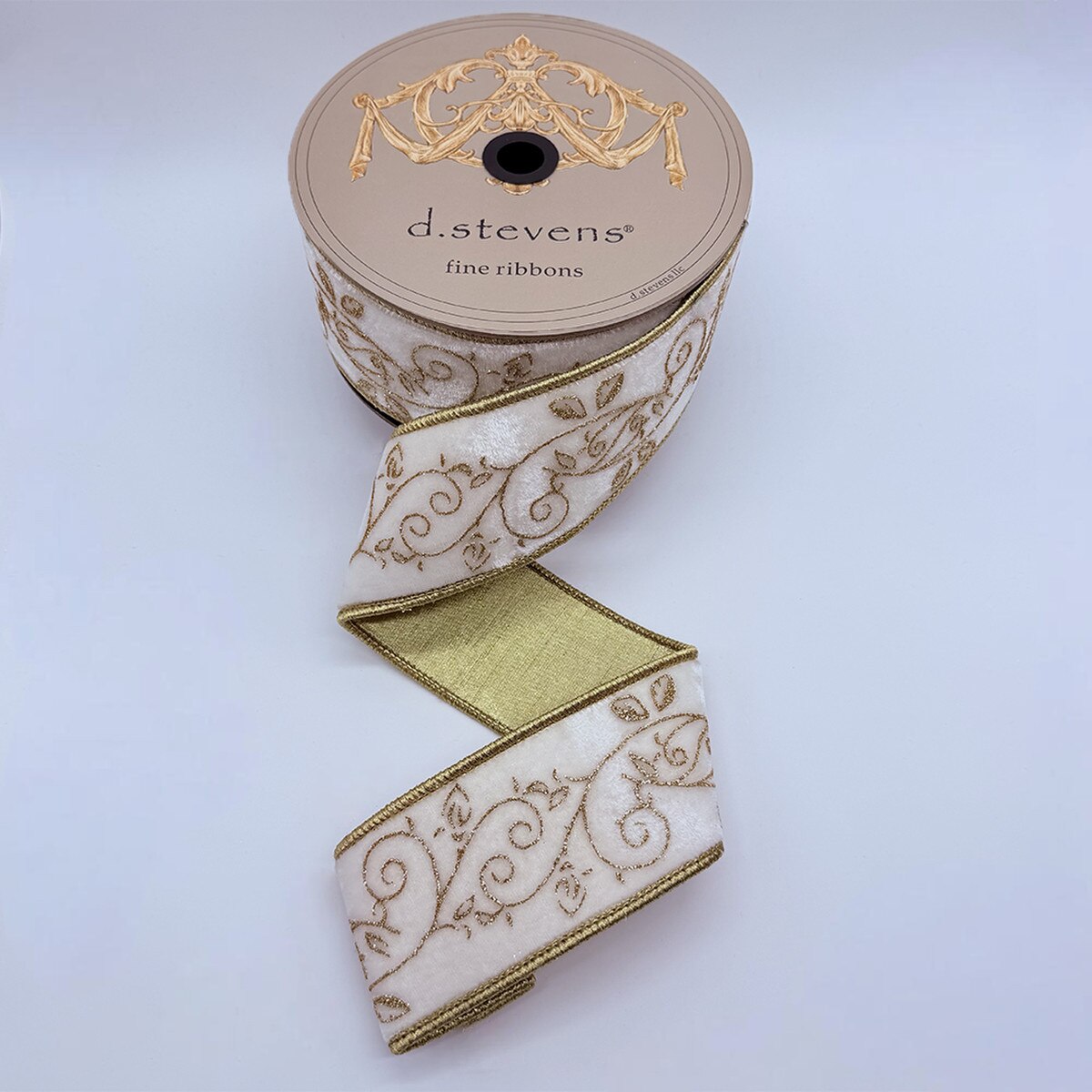2.5" x 10yds velvet gold locust leaves scroll glitter winter white