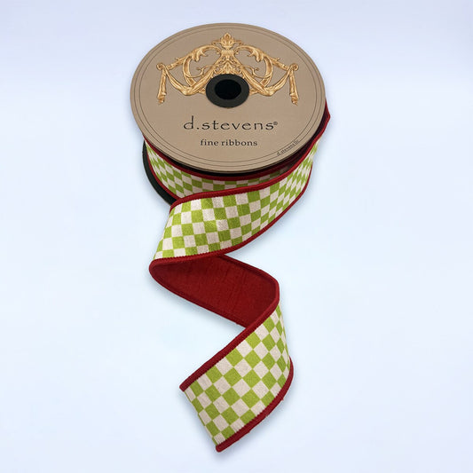 1.5” x 10yds dupion checks red backing, lime green white