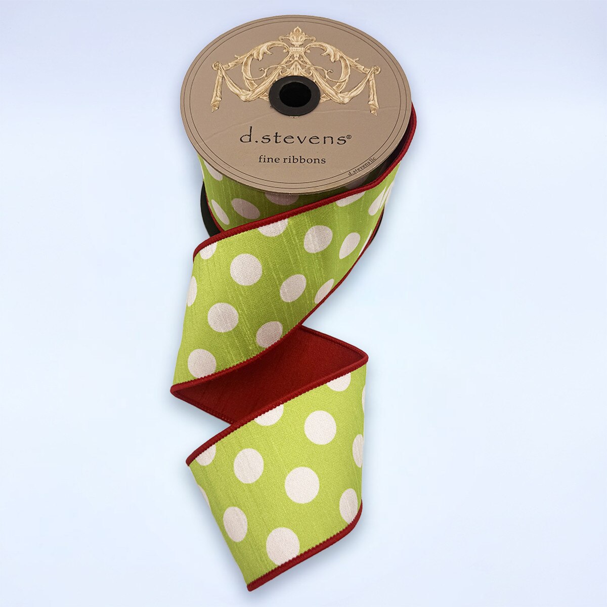 3" x 10yds dupion polka dot red backing, lime green white