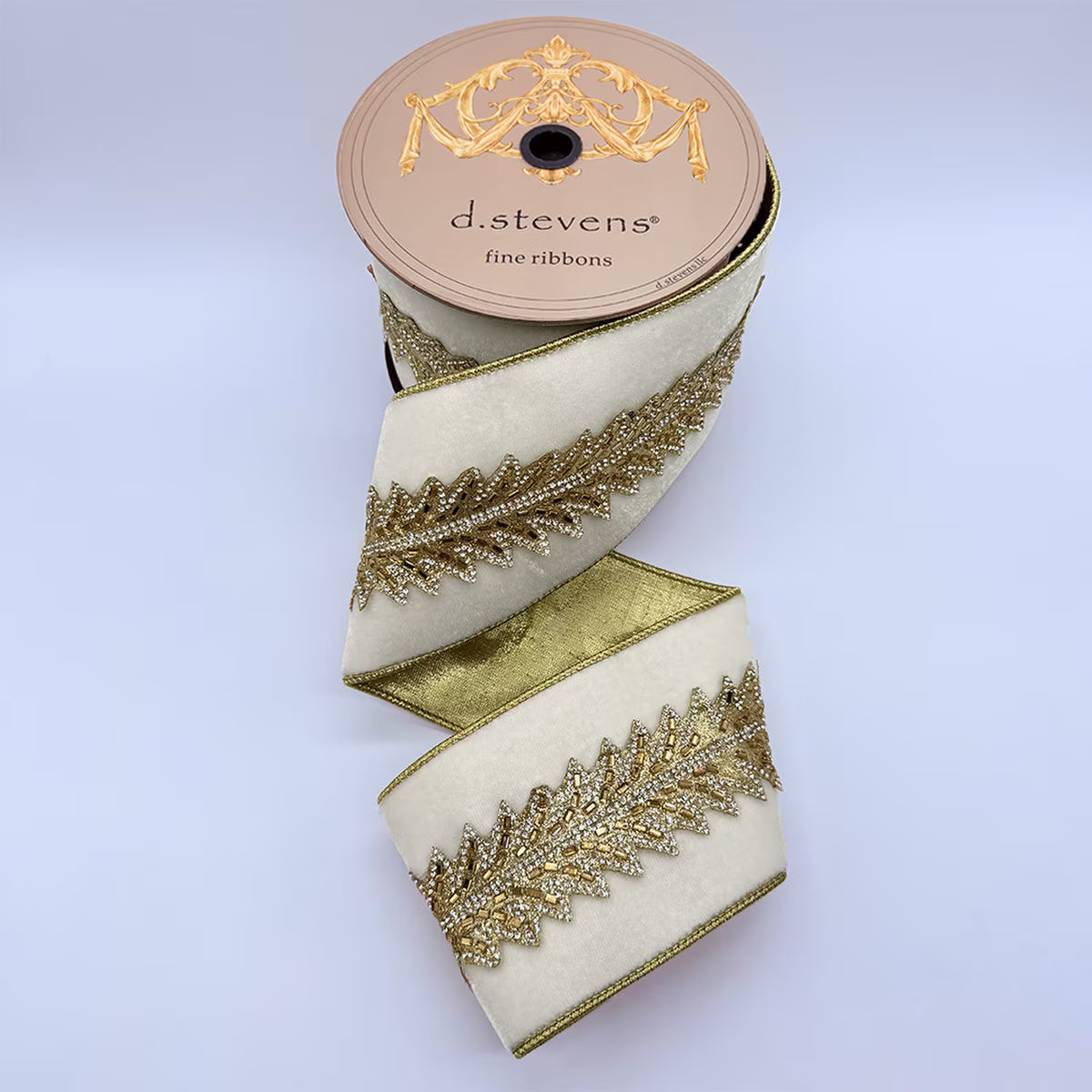 4" x 5yds velvet jewel art deco gold center trim, winter white
