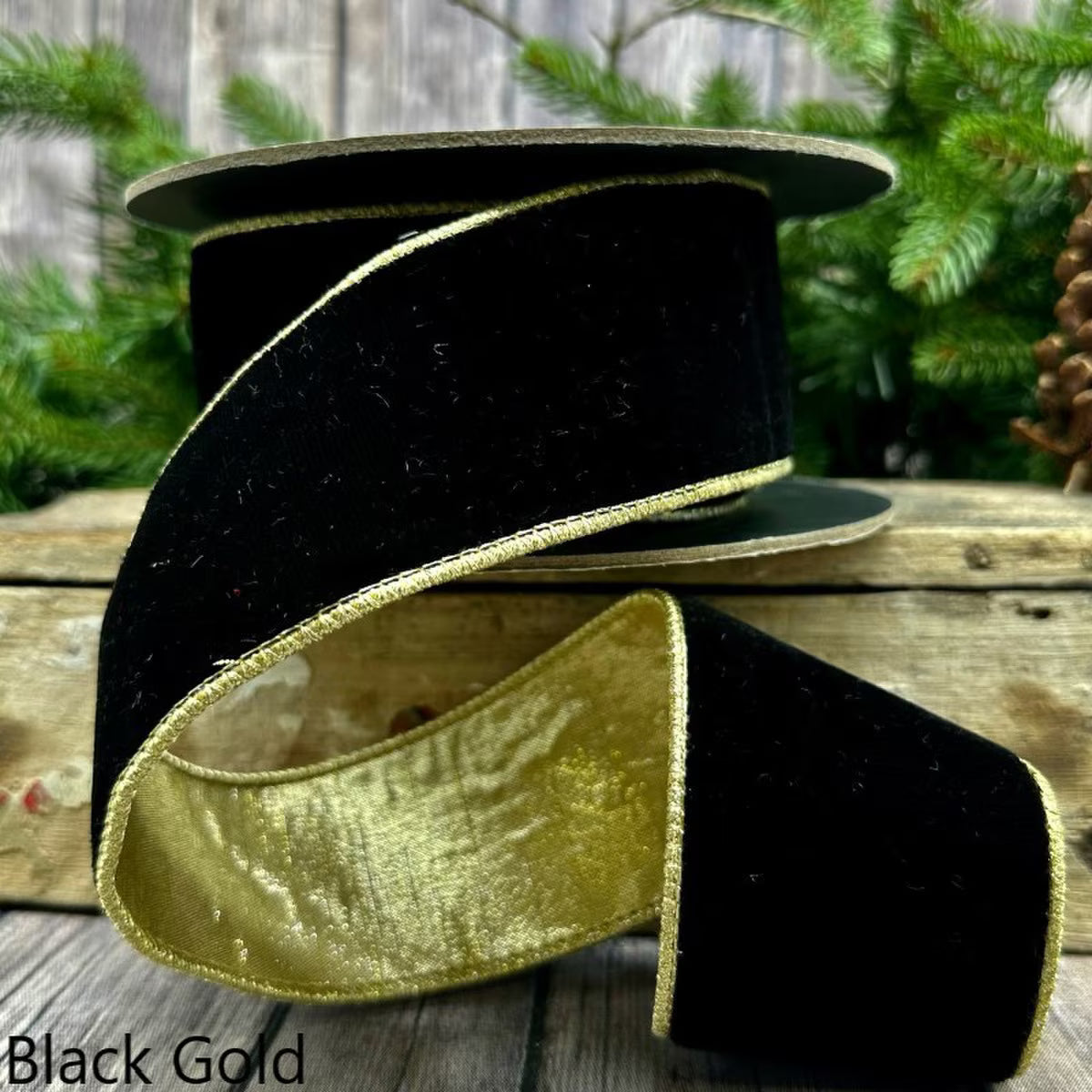 2.5" x 10yds VP lush velvet metallic light gold back, black