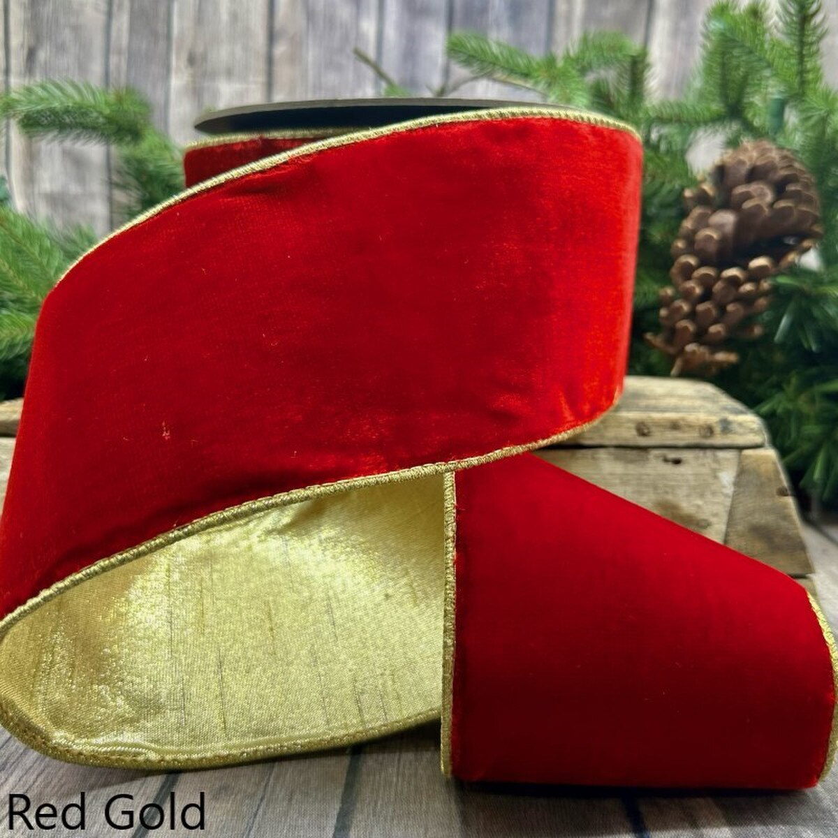 4" x 10yds lush velvet metallic light gold back, red