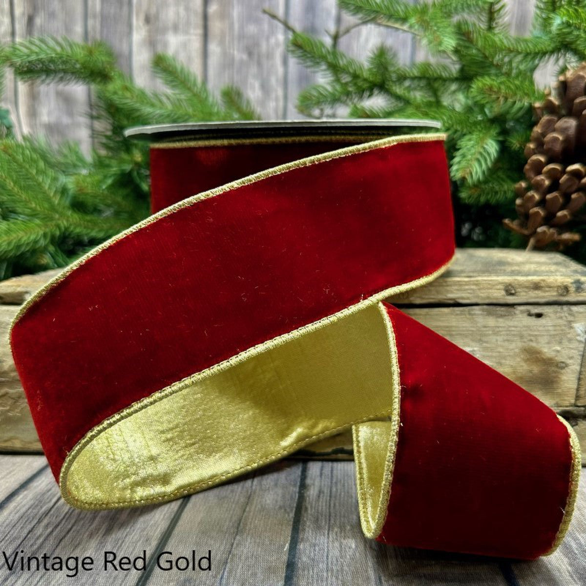 2.5" x 10yds VP lush velvet metallic light gold back, vintage red - Burlap and Bling Decor