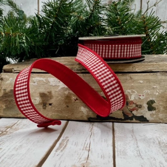 1” X 10YDS FAUX DUPION MINI CHECK RED BACK, RED-WHITE WIRED RIBBON - Burlap and Bling Decor