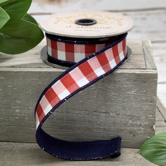 1“ X 10YDS FAUX DUPION CHECK, RED-WHITE-BLUE WIRED RIBBON - Burlap and Bling Decor