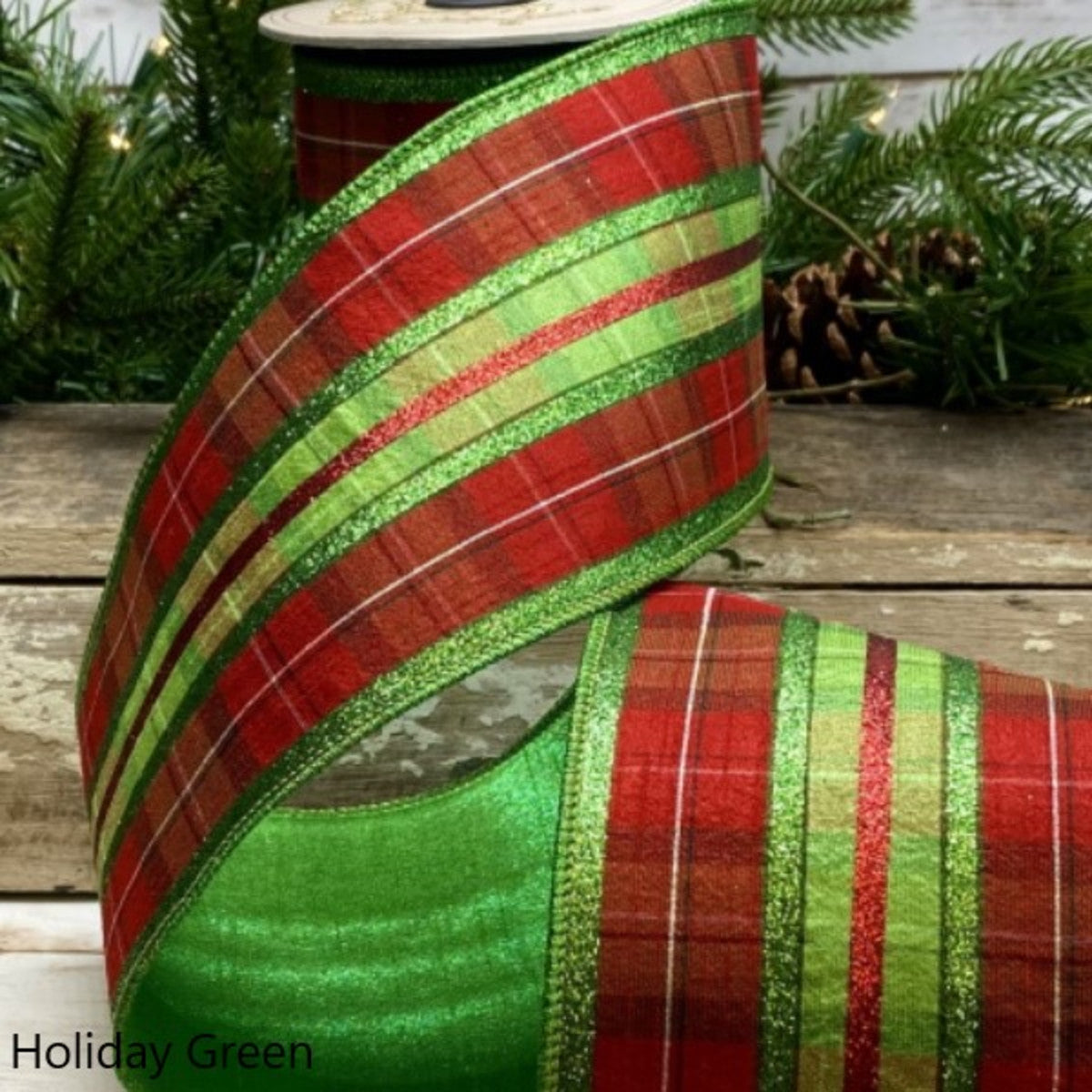 4" x 5yds faux dupion plaid glitter stripe, holiday green-red - Burlap and Bling Decor