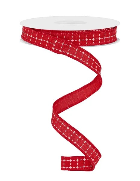5/8"X10YDS RAISED STITCH SQUARES RED/WHITE WIRED RIBBON - Burlap and Bling Decor