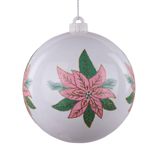 6" DIA POINSETTIA W/LEAVES BALL ORN WHITE/PINK/GREEN - Burlap and Bling Decor