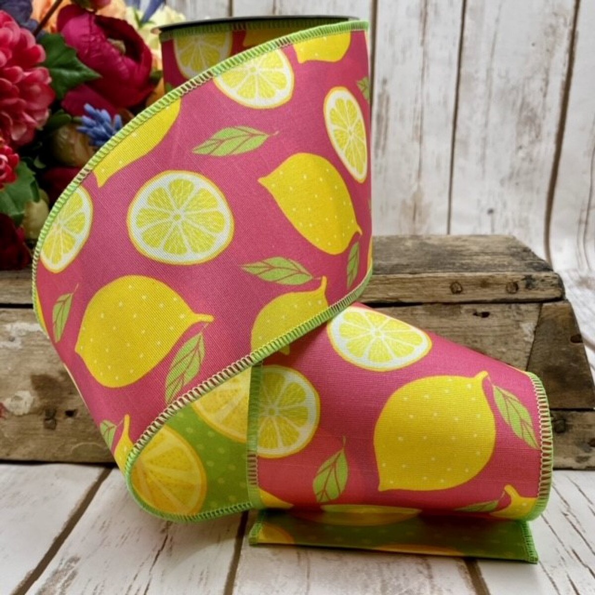 4“ X 10YDS GROSGRAIN SLICED LEMONS, PINK WIRED RIBBON - Burlap and Bling Decor