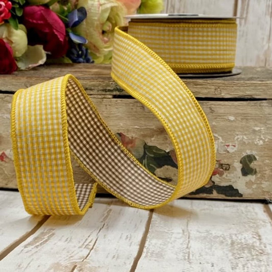1.5” X 10YDS POPLIN GINGHAM, GOLDEN YELLOW BROWN WIRED RIBBON