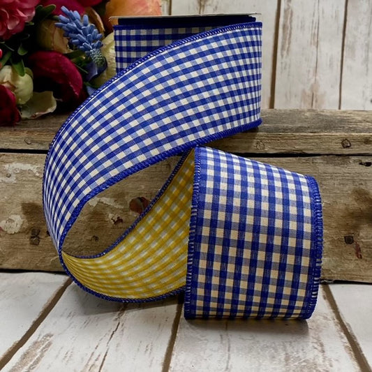 2.5“ X 10YDS POPLIN GINGHAM, ROYAL BLUE GOLDEN YELLOW WIRED RIBBON