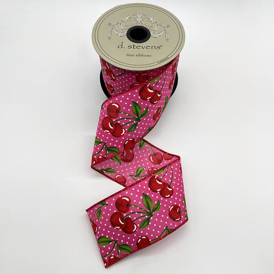 2.5“ X 10YDS POPLIN CHERRIES POLKA DOT, HOT PINK RED WIRED RIBBON - Burlap and Bling Decor