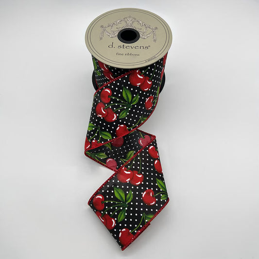 2.5” X 10YDS POPLIN CHERRIES POLKA DOT, BLACK RED WIRED RIBBON - Burlap and Bling Decor