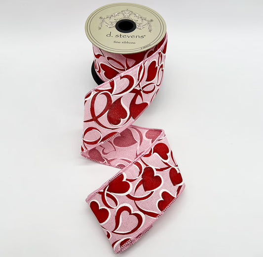 2.5” X 10YDS POPLIN RED HEARTS RIBBON SWIRLS, PINK WIRED RIBBON