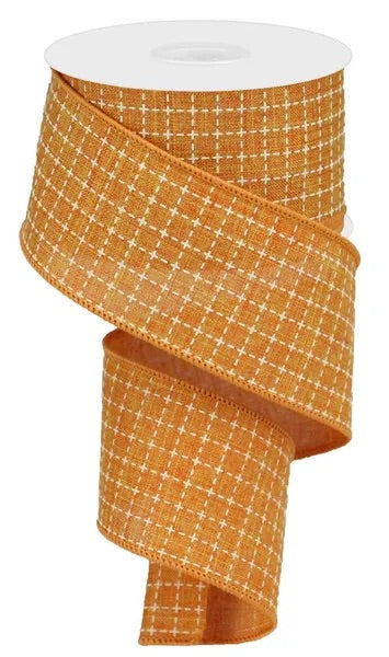 2.5"X10YDS RAISED STITCHED SQUARES/ROYAL TALISMAN/CREAM WIRED RIBBON - Burlap and Bling Decor