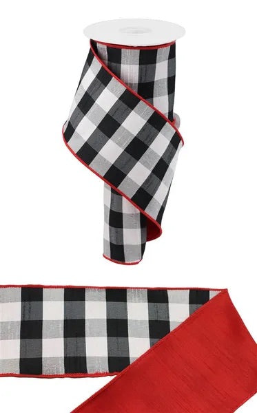 4"X10YDS BUFFALO PLAID DUPIONI/FUSED BLACK/WHITE/RED WIRED RIBBON - Burlap and Bling Decor