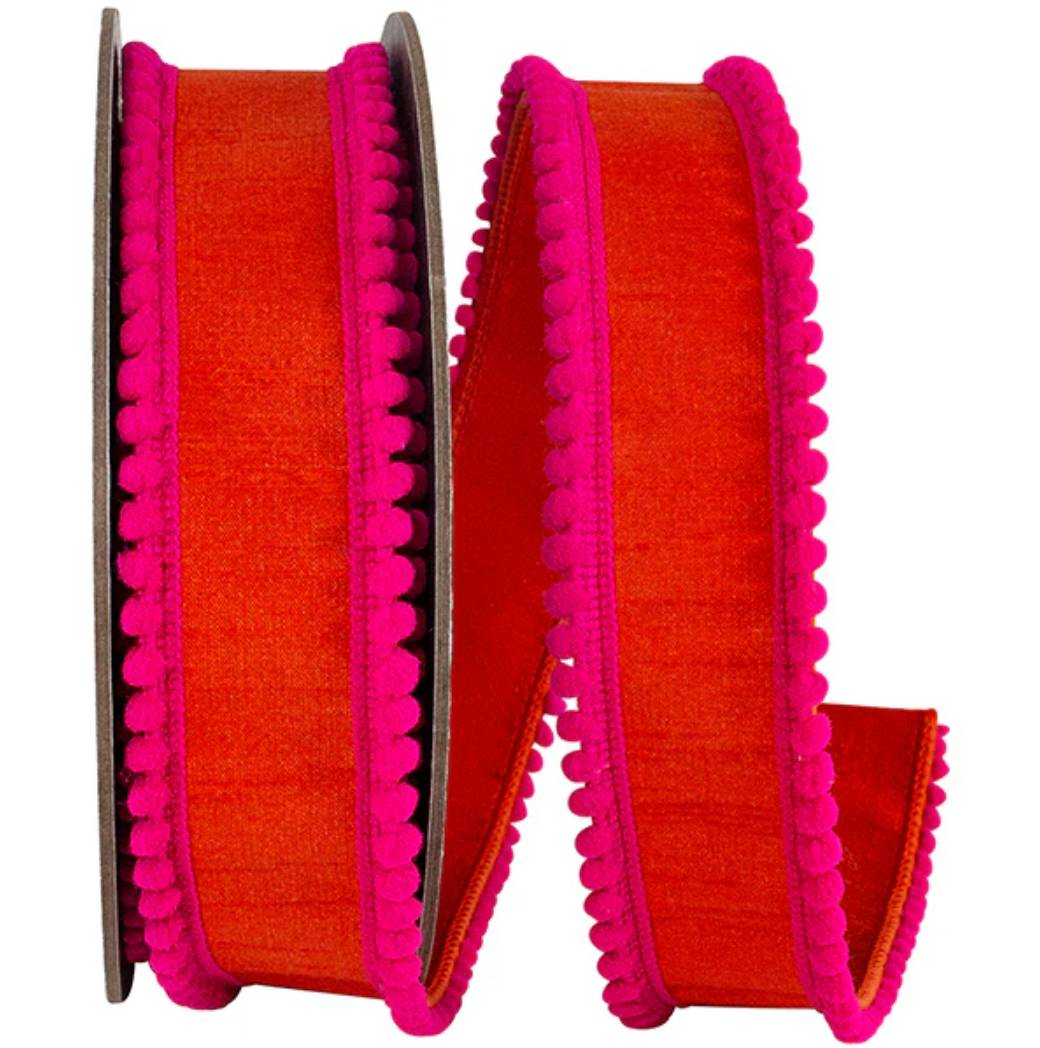1.5” X 5 Yrds POM Pom Mini Edge Trim Dupioni Deluxe Wired Edge Ribbon Orange/Fuchsia
