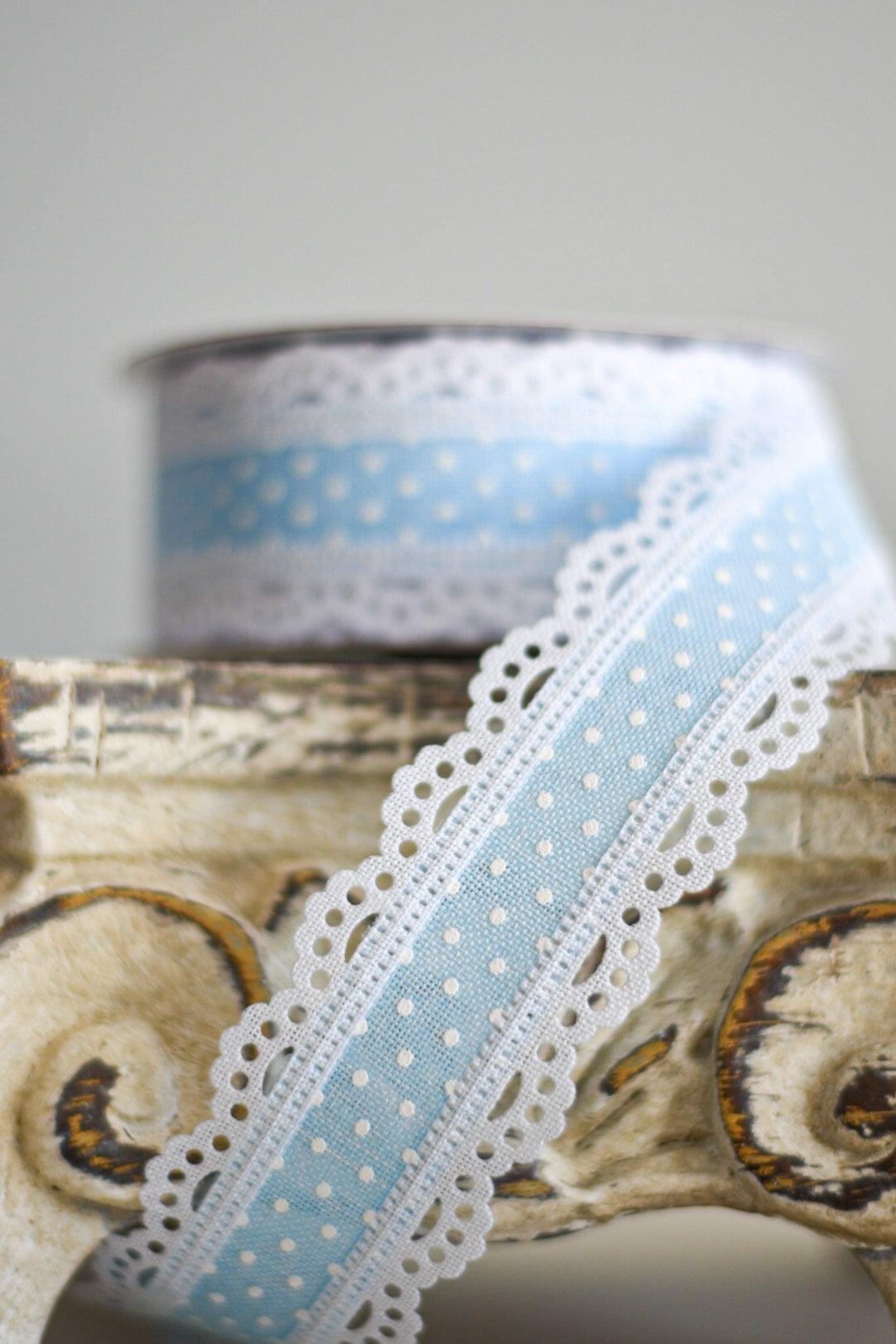 1.5"X10YD RAISED SWISS DOTS W/LACE PALE BLUE/WHITE - Burlap and Bling Decor