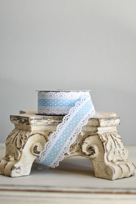 1.5"X10YD RAISED SWISS DOTS W/LACE PALE BLUE/WHITE - Burlap and Bling Decor