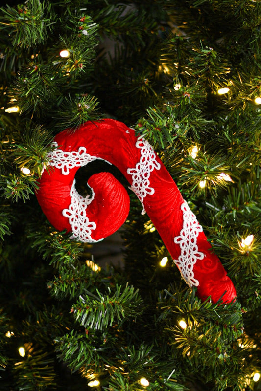 10.5in Red / Lace Candy Cane Ornament - Burlap and Bling Decor
