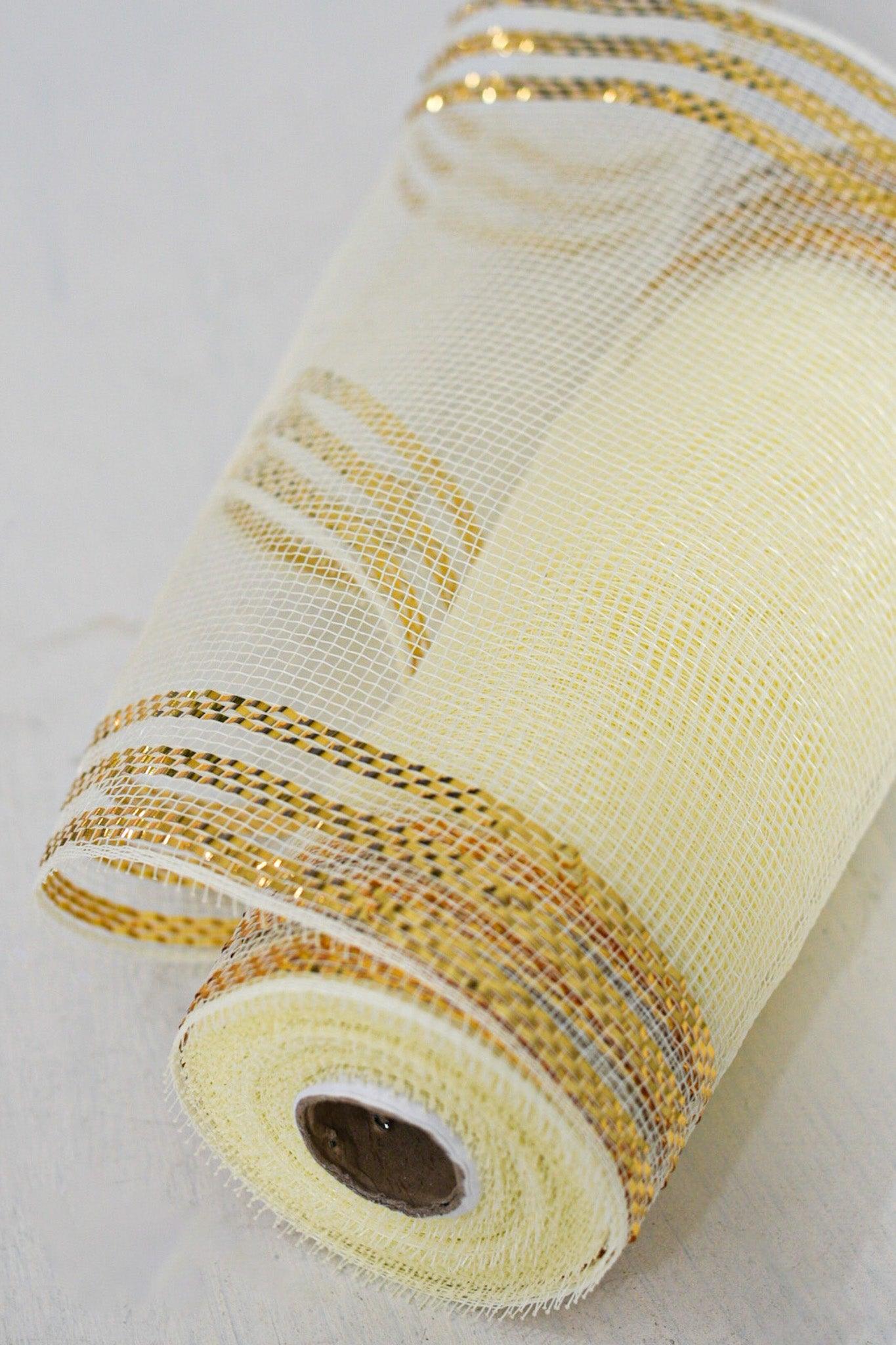 10"X10YD BORDER STRIPE METALLIC MESH CREAM W/ GOLD - Burlap and Bling Decor