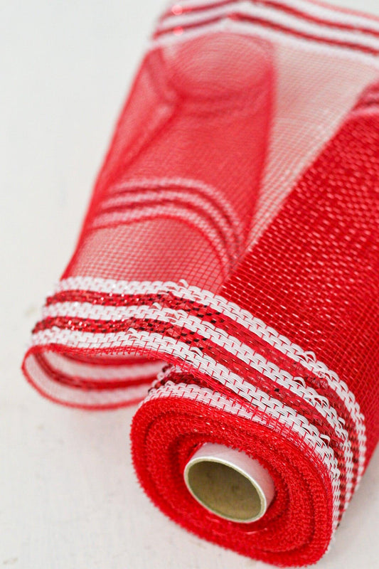 10"X10YD BORDER STRIPE METALLIC MESH RED/WHITE - Burlap and Bling Decor