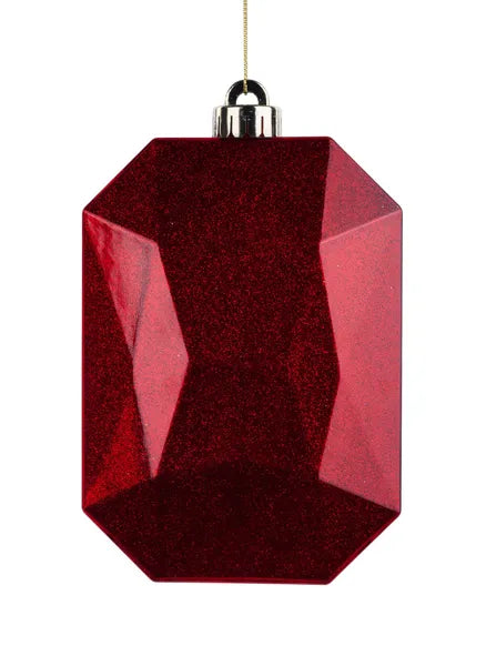 6.25"L X 4.25"W GLITTER RECT GEM ORN RED - Burlap and Bling Decor
