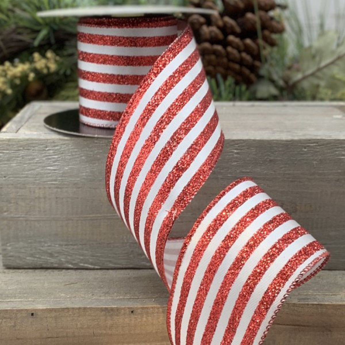 2.5" x 10yds satin red glitter stripe, white - Burlap and Bling Decor