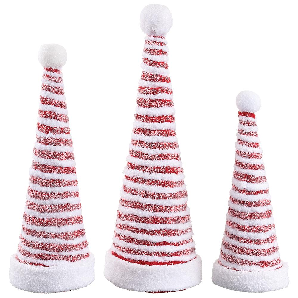 16.5"-25" Snowed Swirl Pompon Cone Topiary (set of 3) Red White