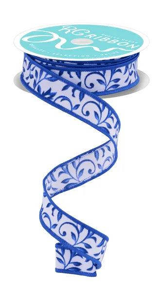 7/8"X10YD TONAL LEAVES WHITE/BLUE/NAVY WIRED RIBBON - Burlap and Bling Decor