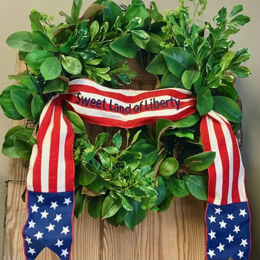 6“ X 70” CANVAS, STARS AND STRIPES, “SWEET LAND OF LIBERTY” BANNER, RED-WHITE-BLUE WIRED RIBBON - Burlap and Bling Decor