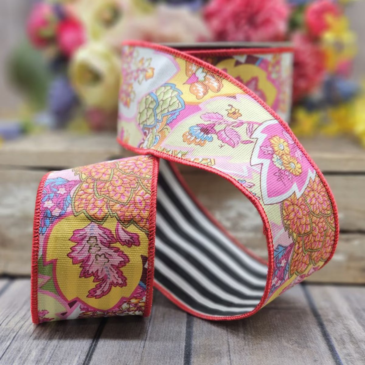 2.5“ X 10YDS COTTON, FLORAL PAISLEY, STRIPE BACK, MULTI-COLOR WIRED RIBBON - Burlap and Bling Decor