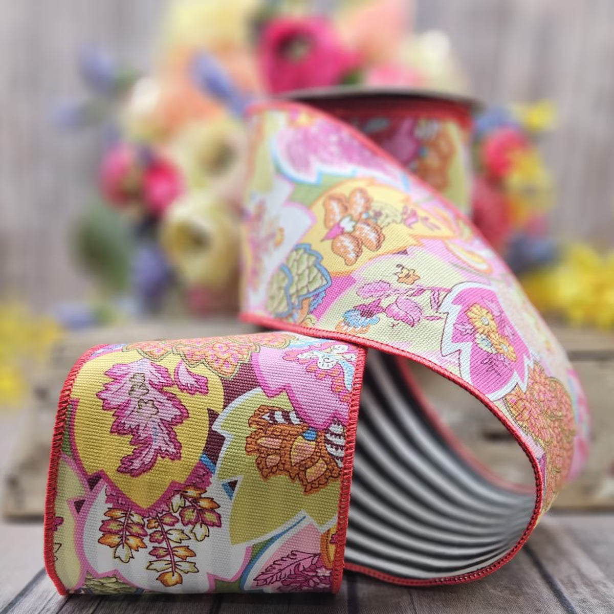 4” X 10YDS COTTON, FLORAL PAISLEY, STRIPE BACK, MULTI-COLOR WIRED RIBBON - Burlap and Bling Decor