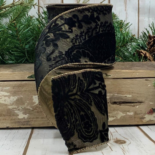 4” X 10YDS VELVET SHEER GARDEN ART, BLACK WIRED RIBBON - Burlap and Bling Decor