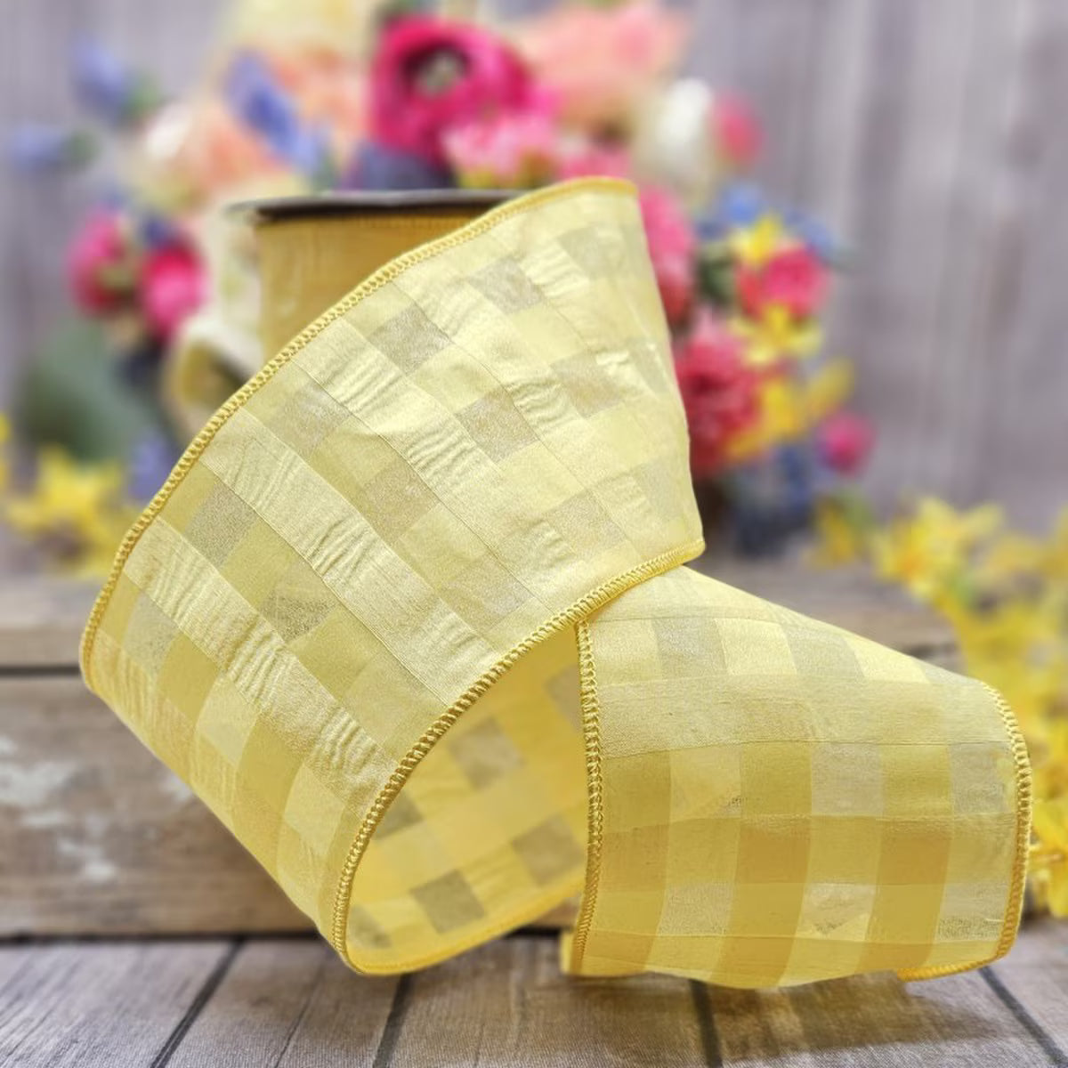 4“ X 10YDS CHIFFON SATIN WINDOW PANE, YELLOW WIRED RIBBON - Burlap and Bling Decor
