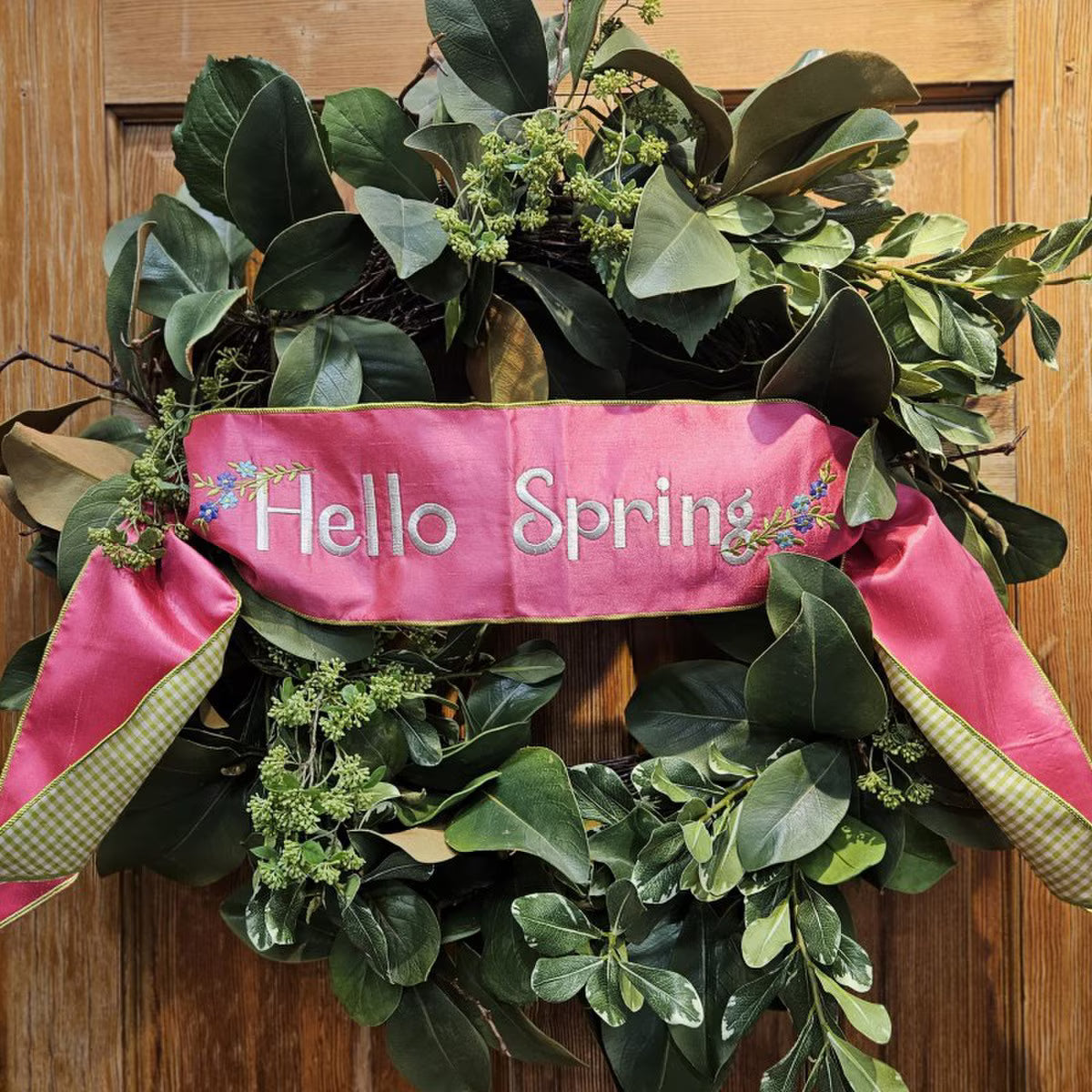 6” X 56“ DUPION HELLO SPRING CHECK BACKING BANNER, HOT PINK WIRED RIBBON - Burlap and Bling Decor