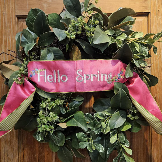 6” X 56“ DUPION HELLO SPRING CHECK BACKING BANNER, HOT PINK WIRED RIBBON - Burlap and Bling Decor