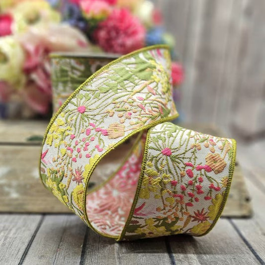 3“ x 10yds jacquard mix floral, green yellow pink - Burlap and Bling Decor