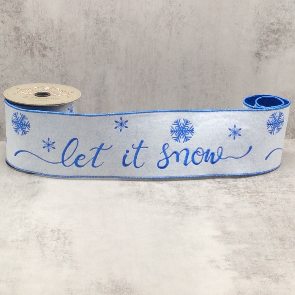 4” x 5yds felt embroidery let it snow snowflakes, blue white